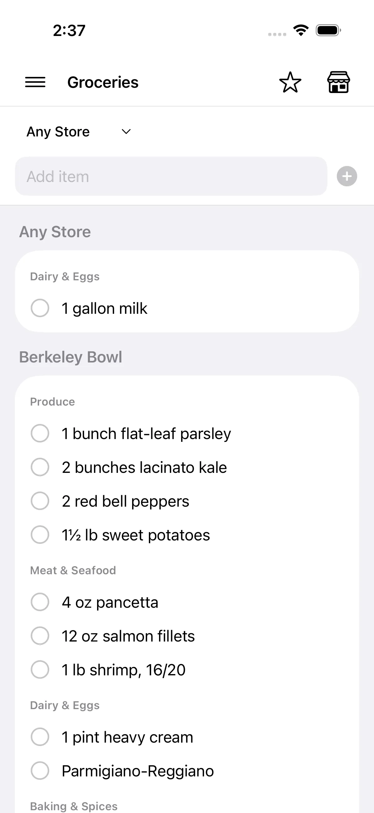 A Pecorino grocery list, split by store and grouped into aisles