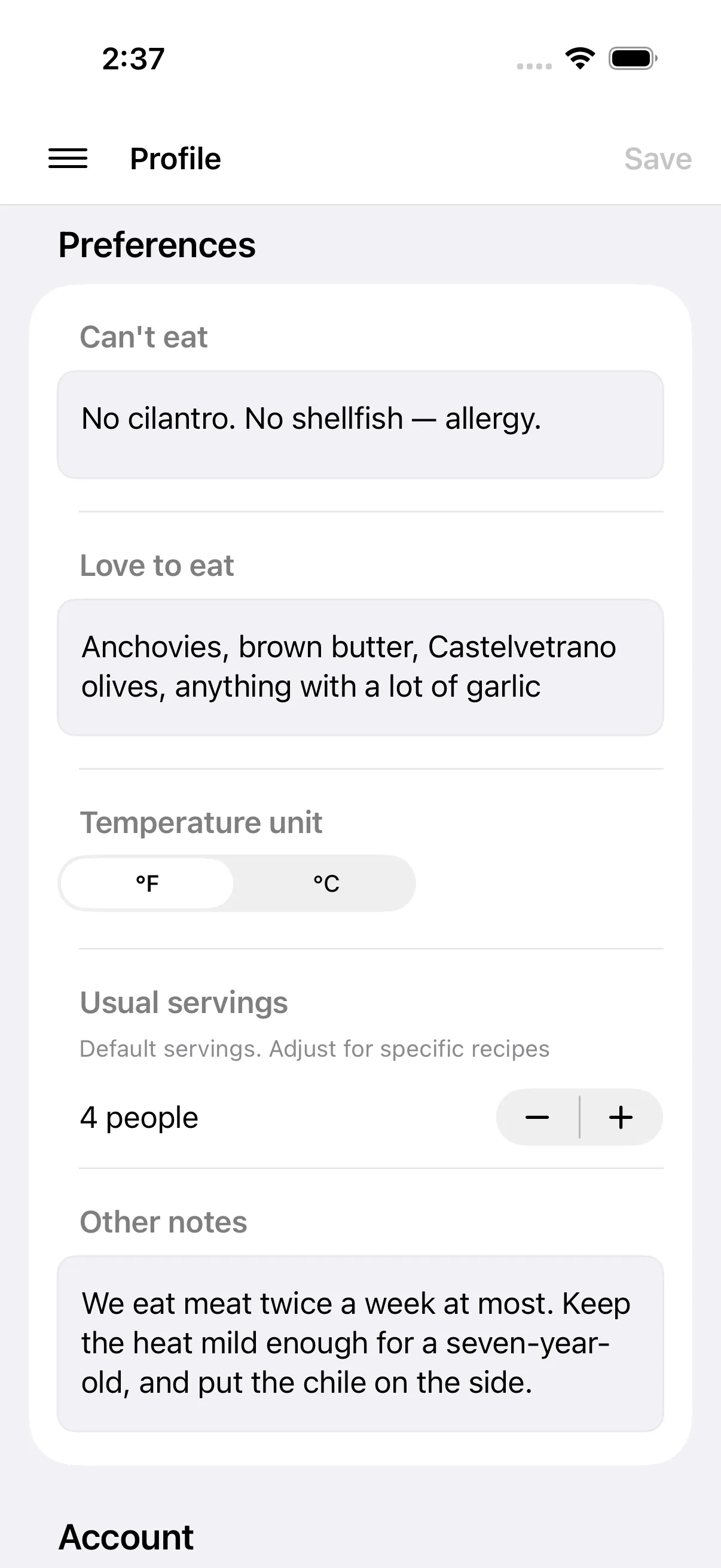 Pecorino's preferences: foods to avoid, foods you love, temperature unit, usual servings and free-form notes
