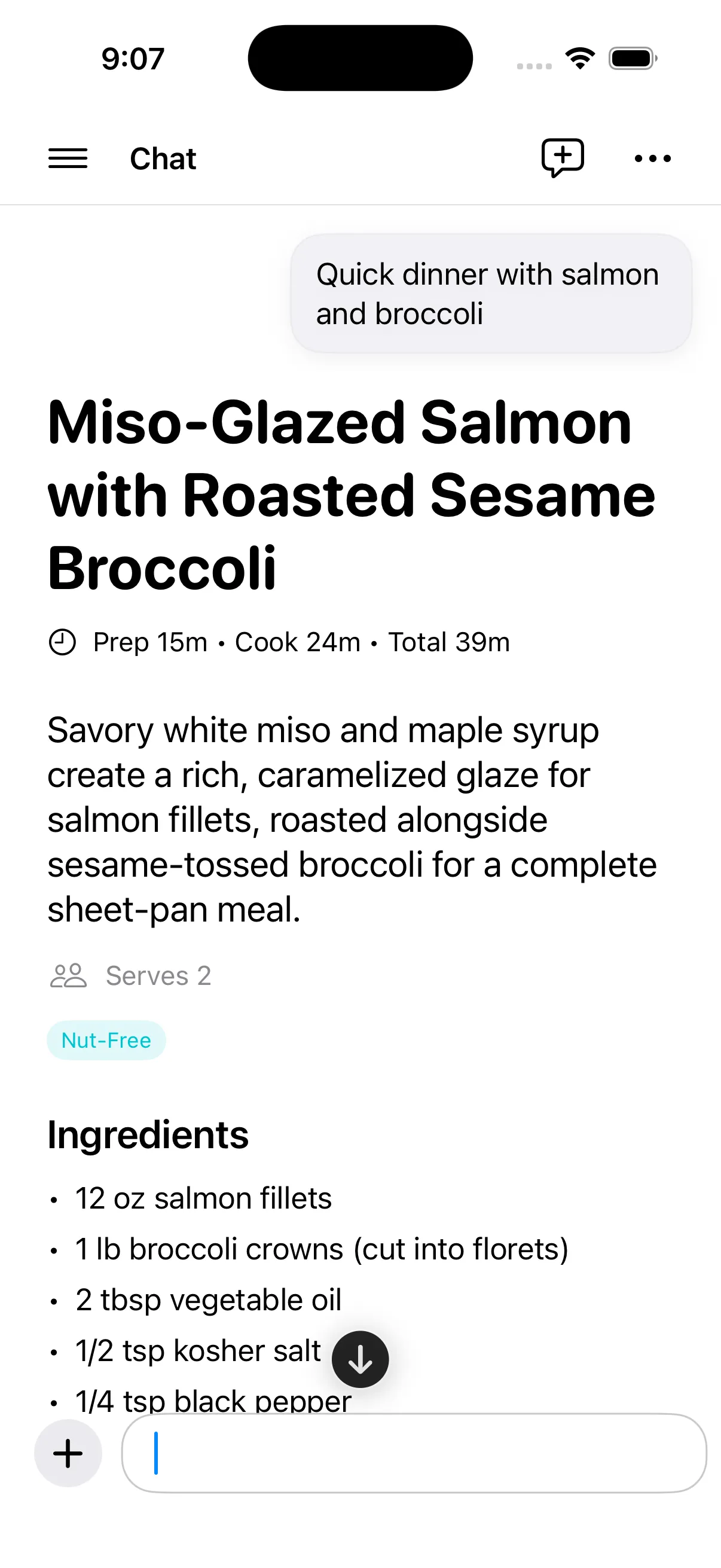 A recipe written out in the Pecorino chat